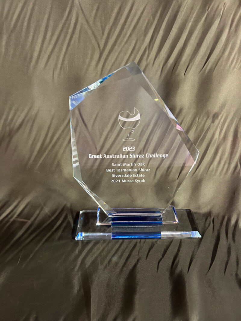 An angular cut-glass award for 2023 Best Tasmanian Shiraz, awarded to Riversdale Estate 2021 Musca Syrah.